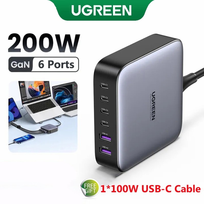 UGREEN 200W GaN USB C Charger 6-Port Fast Charger 4Type-C 2USB-A Desktop Charger