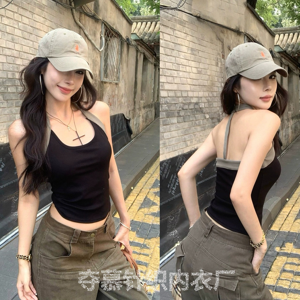 American Hot Girl Contrast สีเย็บ Halter คอขนาดเล็ก Camisole ด้านในผู้หญิงฤดูร้อนสวมใส่ด้านนอก U-คอ 