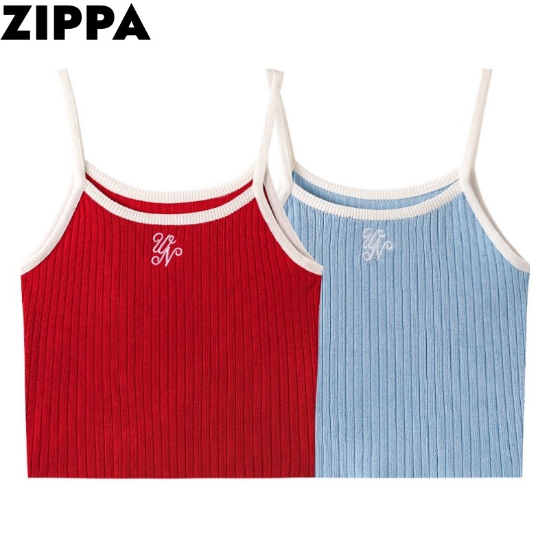 ZIPPA พร้อมส่ง' crop top  เสื้อสายเดี่ยวตัวอักษรพิมพ์เย็บปักถักร้อยแขนกุด Y9911