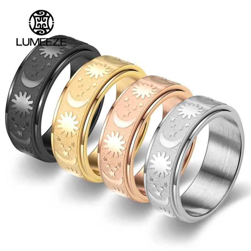 LUMEZE ไม่เลือนหายไป Spinning ความวิตกกังวลผ่อนคลายแหวน Star และ Moon Design สําหรับผู้ชายและผู้หญิงสแตนเลสได้อย่างอิสระหมุน Fidget Spinner TS249 #