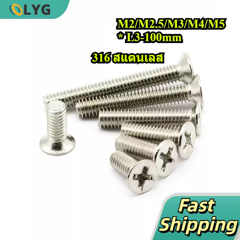 อต สกรู หัวเตเปอร์ แฉก F+ สแตนเลส 316 เกลียวมิล หยาบ   M2/M2.5/M3/M4/M5 * L3-100mm/ Flat Head Phillip Machine Screw SUS316/A4 หัว countersunk cross ฟันสกรู/316 สกรูสแตนเลส/น็อตเต็ม/สกรูหัวแบน M2/M2.5/M3/M4/M5 * L3-100 มม【LYG-MB】
