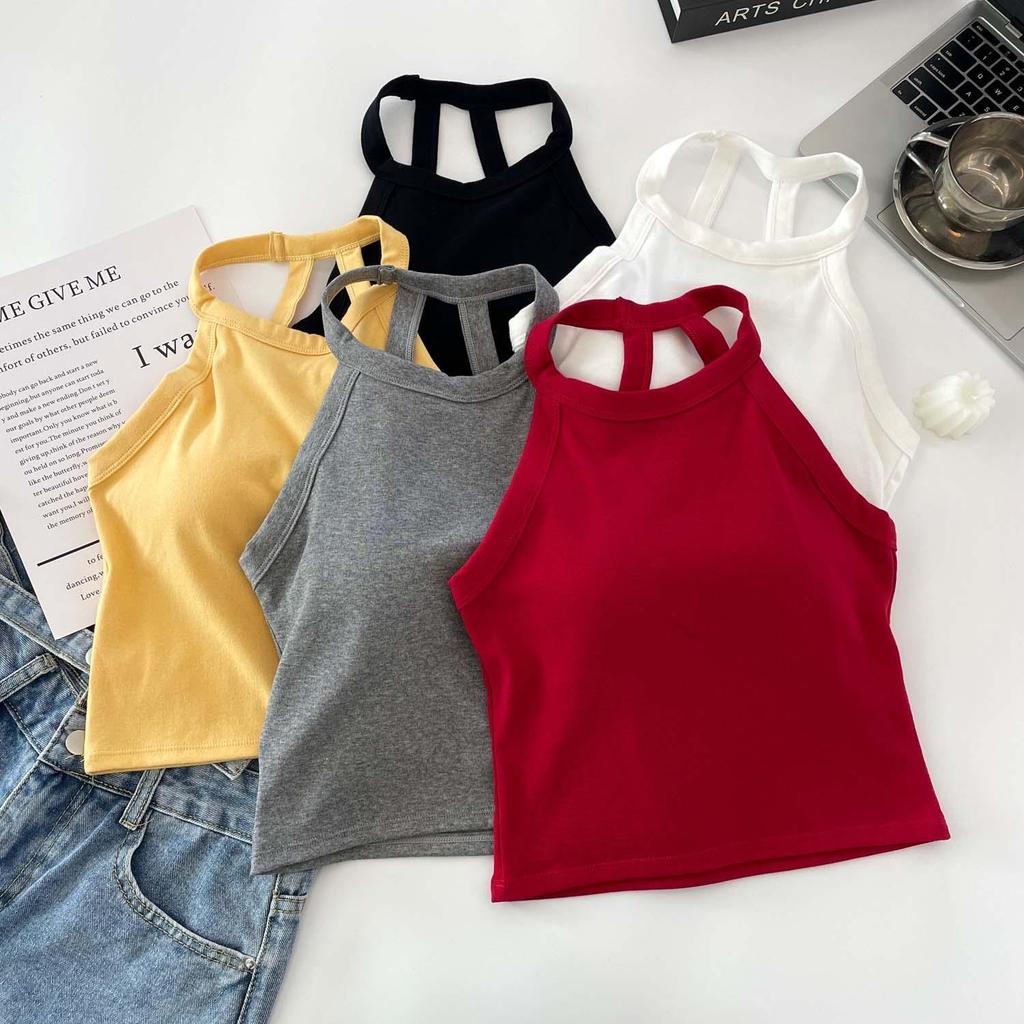 Pure Desire Halter Camisole ผู้หญิงหน้าอก Pad ด้านในสวมใส่ด้านนอก Slim-fit โยคะสวยกลับสั้นฤดูร้อน N3