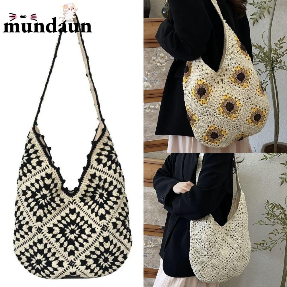 MUNDAUN โครเชต์ Tote Bag, มือโครเชต์ Vintage Look กระเป๋าสะพายทอ, ไหล่เดี่ยวสไตล์ศิลปะ Hollowed Out 