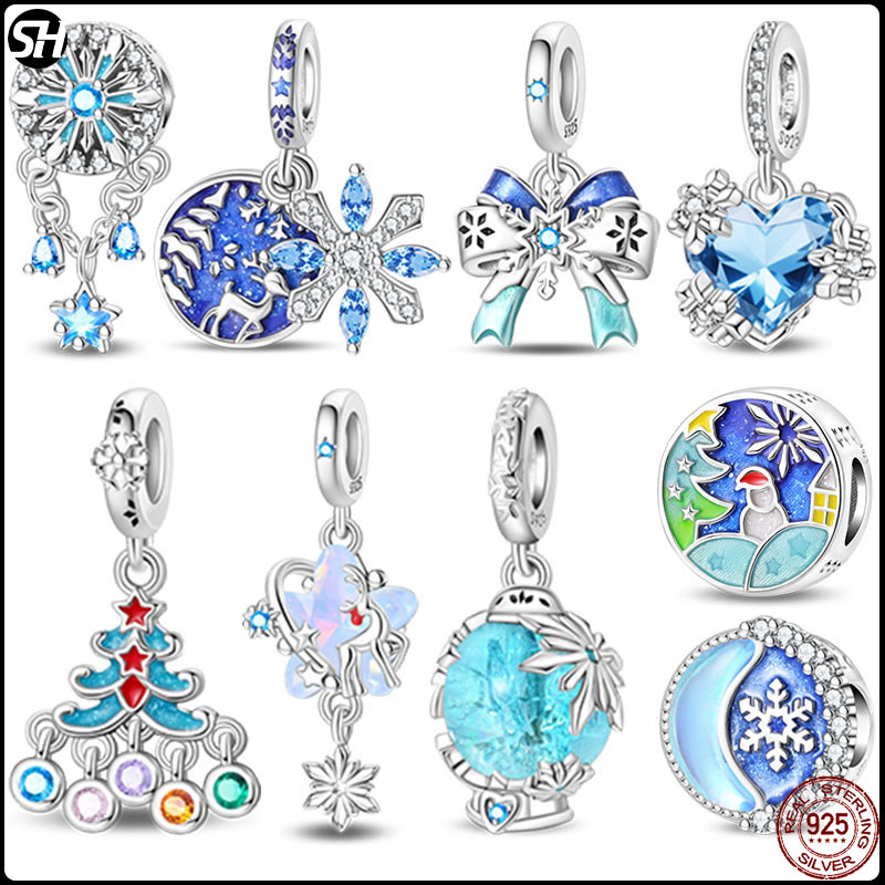 สร้อยคอและกำไลสแตล์วิน 925 ลายหิมะสีฟ้า เหมาะสำหรับเทศกาลคริสต์มาส