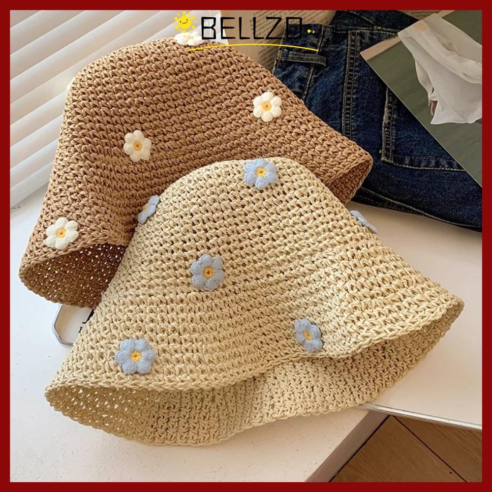 หมวกปานามา BELLZO ทำจากฟาง พับเก็บได้ง่าย กันแดดและป้องกัน UV มีลวดลายดอกไม้น่ารัก เหมาะสำหรับชายหาด