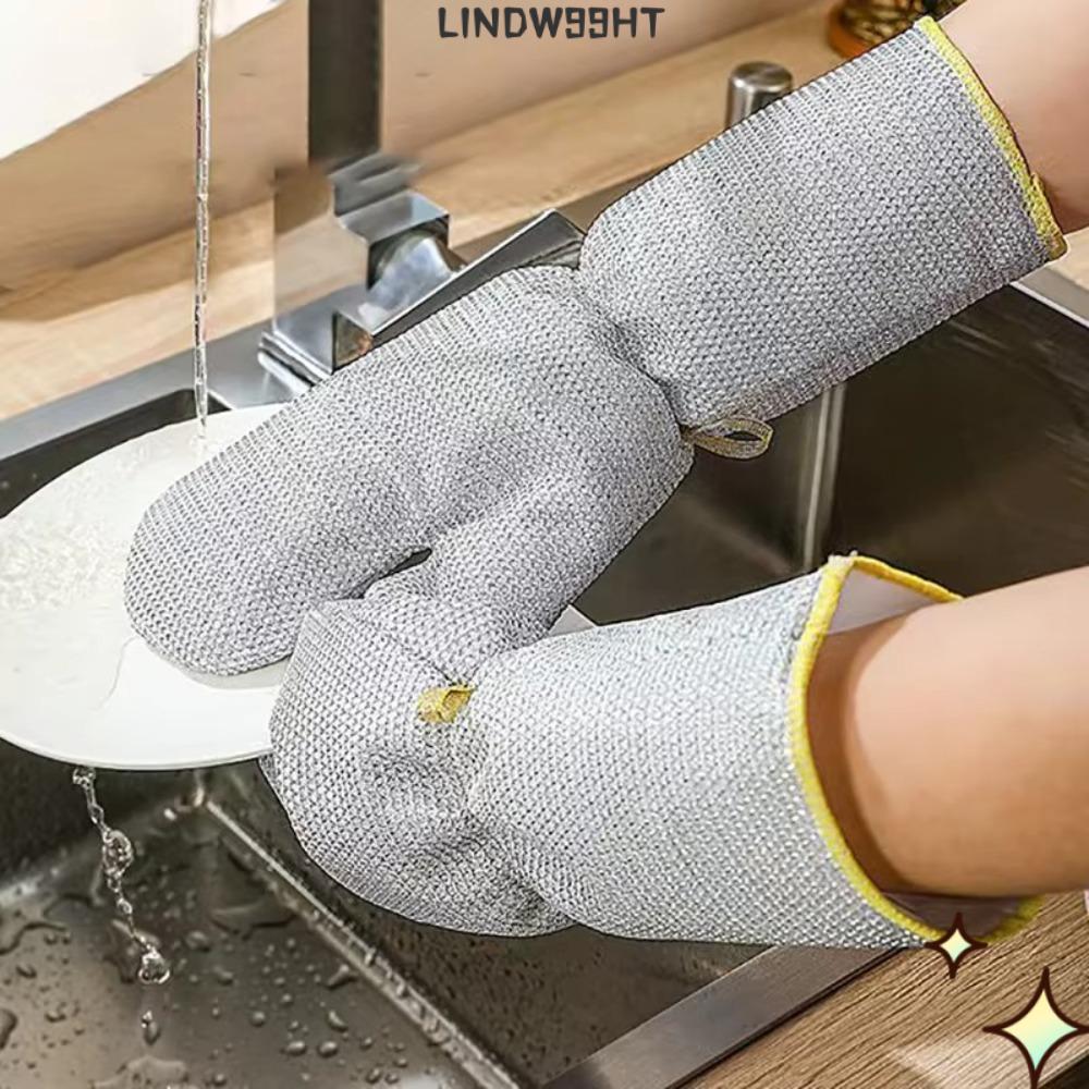 LINDW99HT ถุงมือทํางานบ้าน, ทําความสะอาดในครัวเรือนหนาถุงมือล้างจาน, ชามแปรงถุงมือลูกลวดเหล็กยาวกันน้ํา