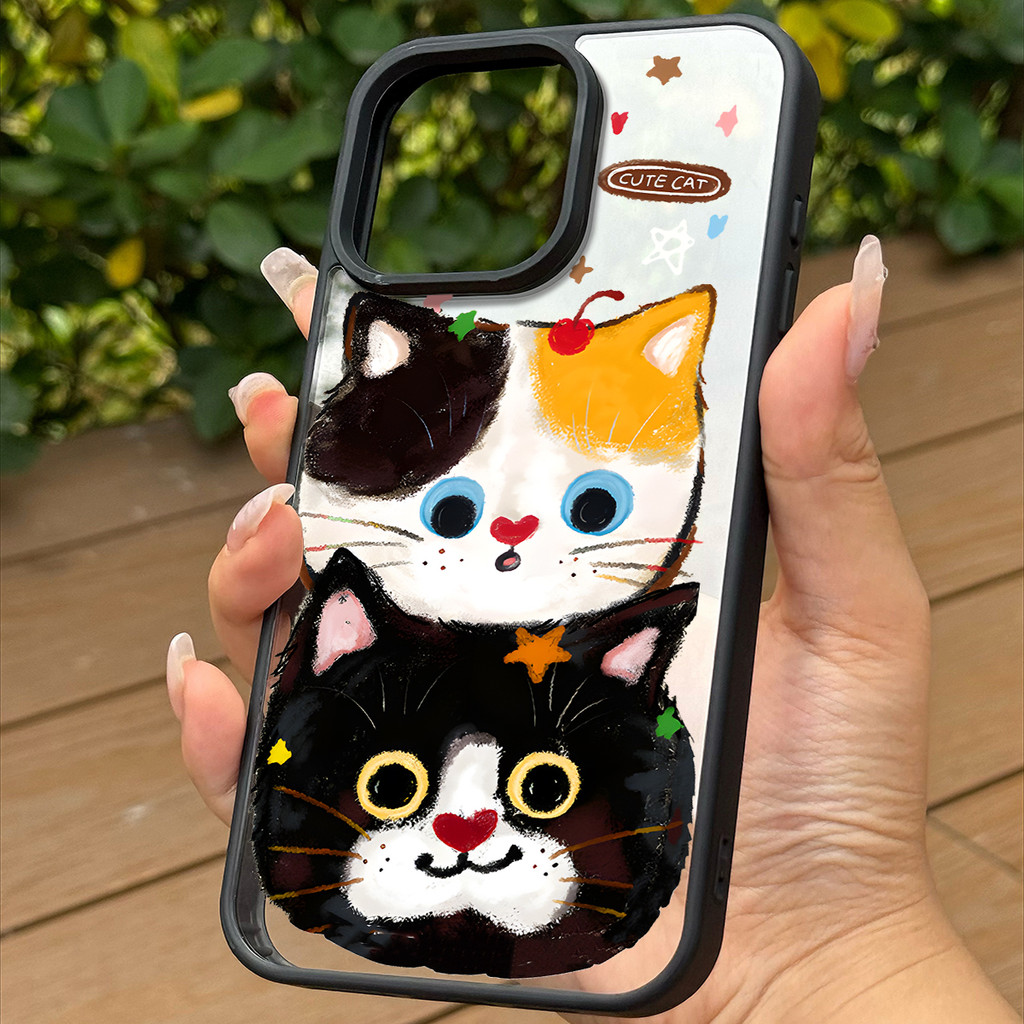 เคสโทรศัพท์ลายแมวการ์ตูน ใช้ได้กับ iPhone 13 Pro/11/12 Pro Max/14/15/16 Plus ดีไซน์แม่เหล็กคุณภาพสูงช่วยปกป้องเลนส์