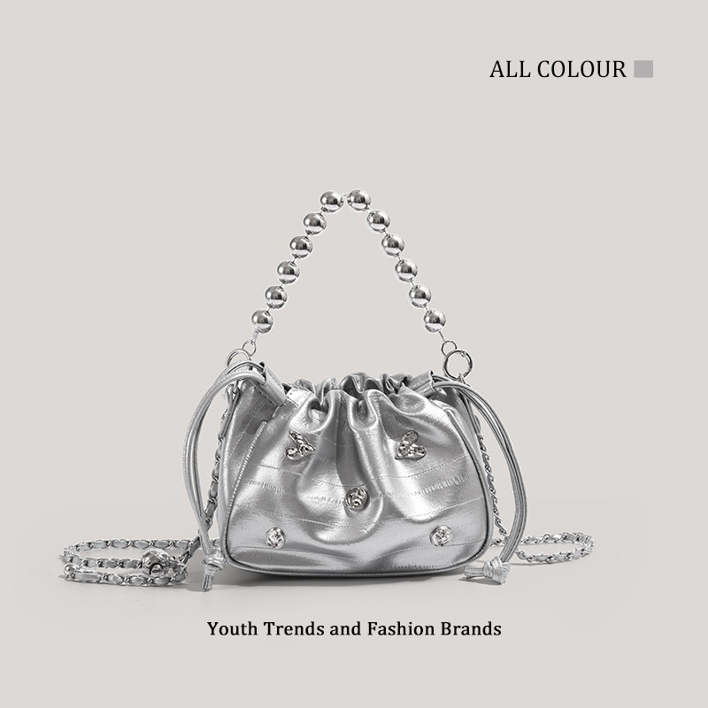 Y2K Hot Girl Style Silver Lucky Bag Bag Round Beaded Handbag Sweet Cool Drawstring Crossbody Bag