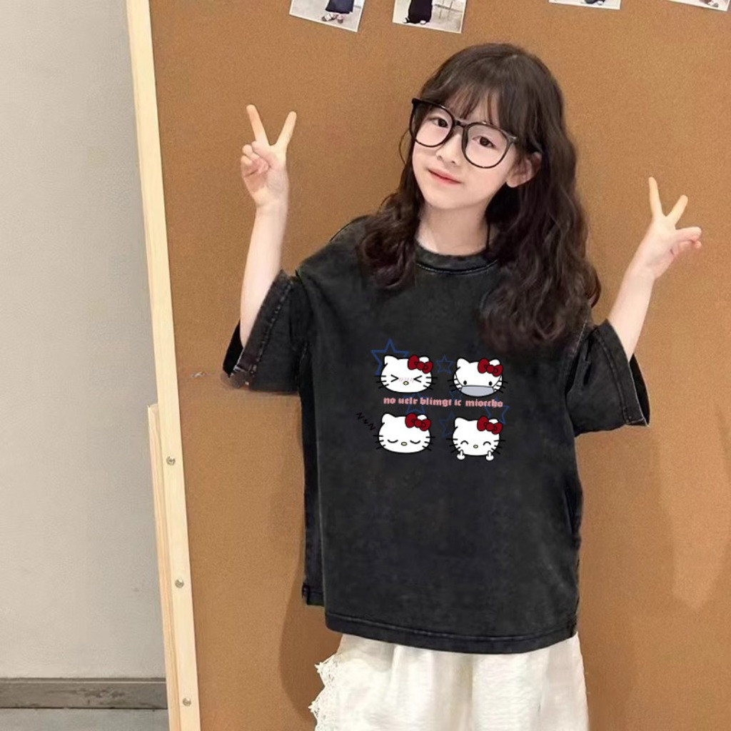 เสื้อยืดผ้าฝ้ายฟอกสีสำหรับเด็กผู้หญิง สไตล์ใหม่ประจำฤดูร้อนปี 2026 เสื้อยืดแขนสั้นสไตล์เรโทรสุดเท่