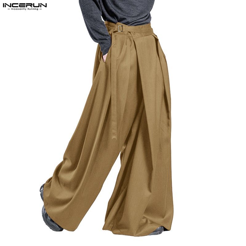 INCERUN ผู้ชายเกาหลี Urban แฟชั่นเอวสูง Deconstructed เข็มขัดออกแบบ Pleats กางเกงขากว้างหลวม