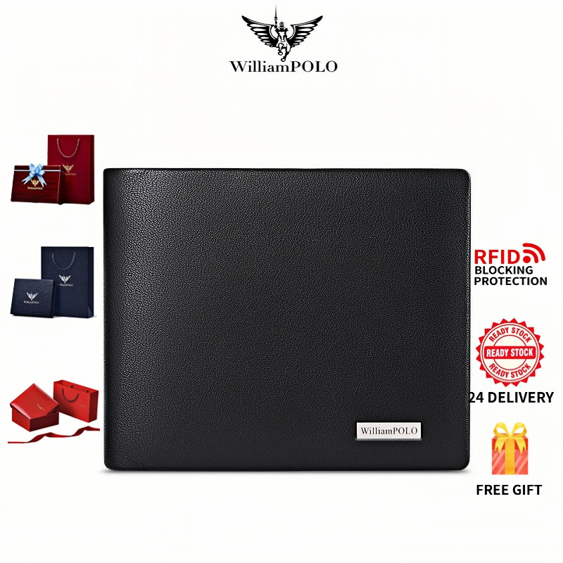 William POLO กระเป๋าสตางค์หนังแท้ผู้ชาย - Slim Bifold RFID Blocking Card Holder & ID Window, Multi-Function Short Wallet พร้อมกล่องของขวัญฟรี (สําหรับของขวัญผู้ชาย)202605】