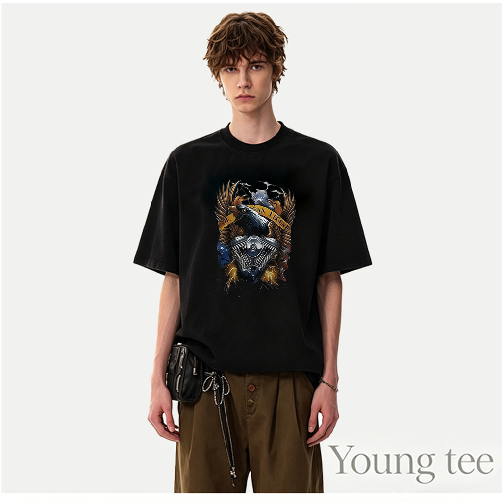 YOUNG T🔥🔥เสื้อยืดพิมพ์ลายนกอินทรี เครื่องยนต์มอเตอร์ไซค์ BE A LEGEND คอกลม แขนสั้น ผู้ชายผู้หญิงใส่ไ