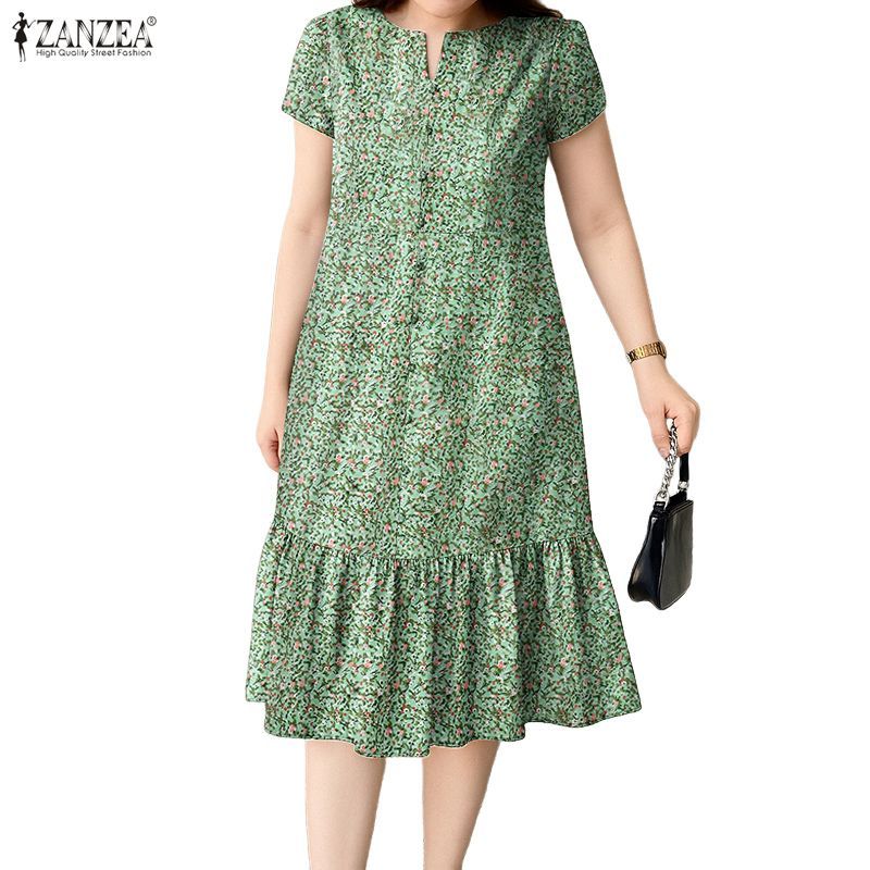ZANZEA ชุดเดรสคอกลม พิมพ์ลายดอกไม้สไตล์เกาหลีสำหรับผู้หญิง - ขอบกระโปรงสวยงามด้านหน้า