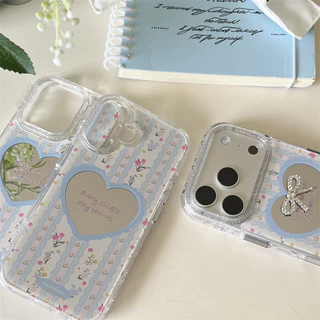 น่ารักหรูหราโบว์หัวใจกระจกเคสโทรศัพท์สําหรับiPhone 16 ProกรณีiPhone 15 17 16 Pro Max 17Promaxเกาหลีดอกไม้ที่มีสีสันกันกระแทกปกอ่อนFundas
