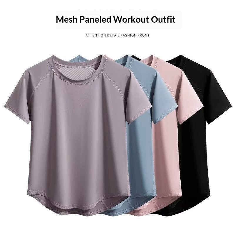 เสื้อยืดแห้งไว EERSHENSHI สำหรับโยคะและออกกำลังกาย งานติดกระชับแบบตาข่าย