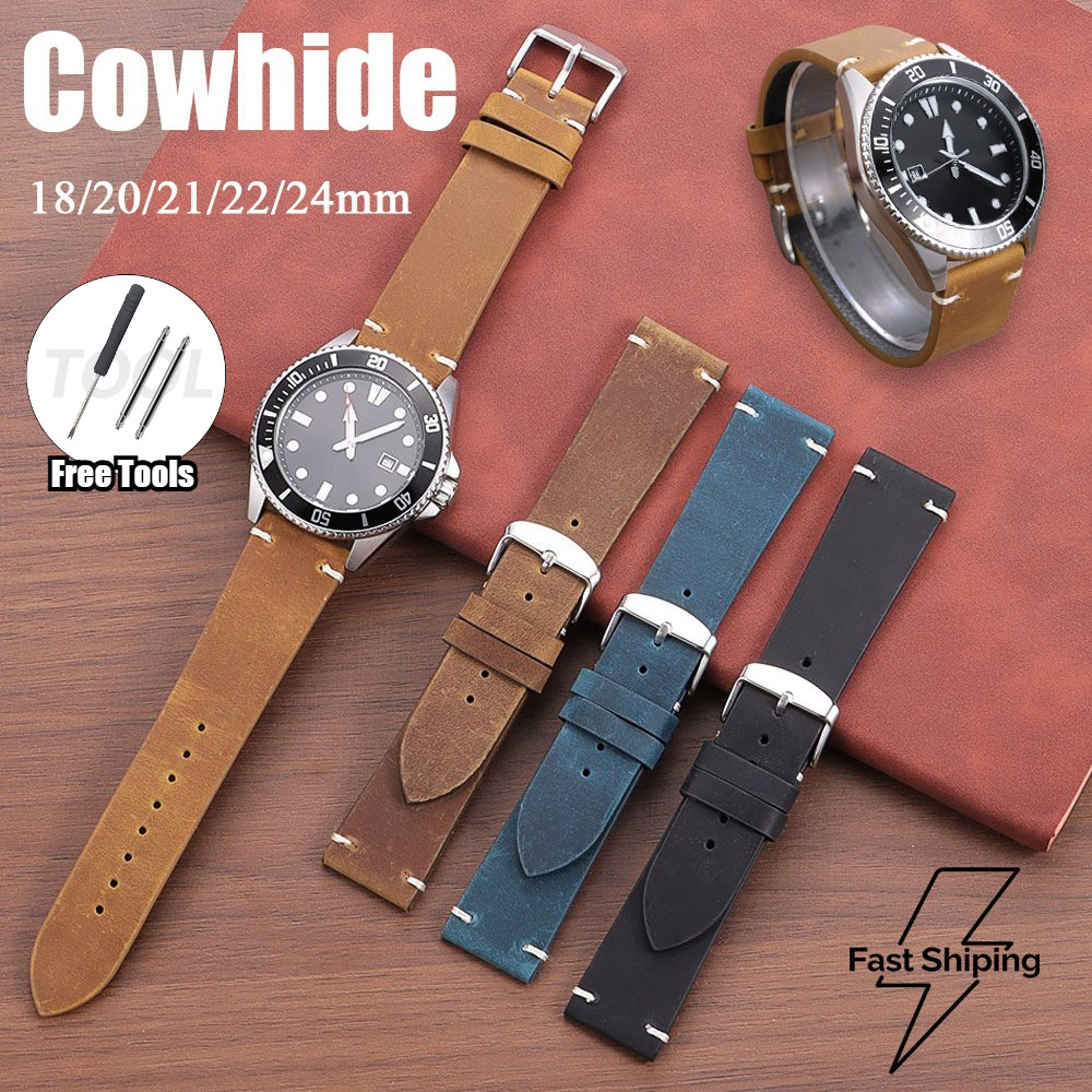 Crazy Horse สายนาฬิกาหนัง 18/20/21/22/24 มม.คลาสสิก Soft Cowhide ผู้ชายผู้หญิง Universal สายนาฬิกา Retro น้ํามันขี้ผึ้งหนังเปลี่ยนสายนาฬิกาอุปกรณ์เสริม