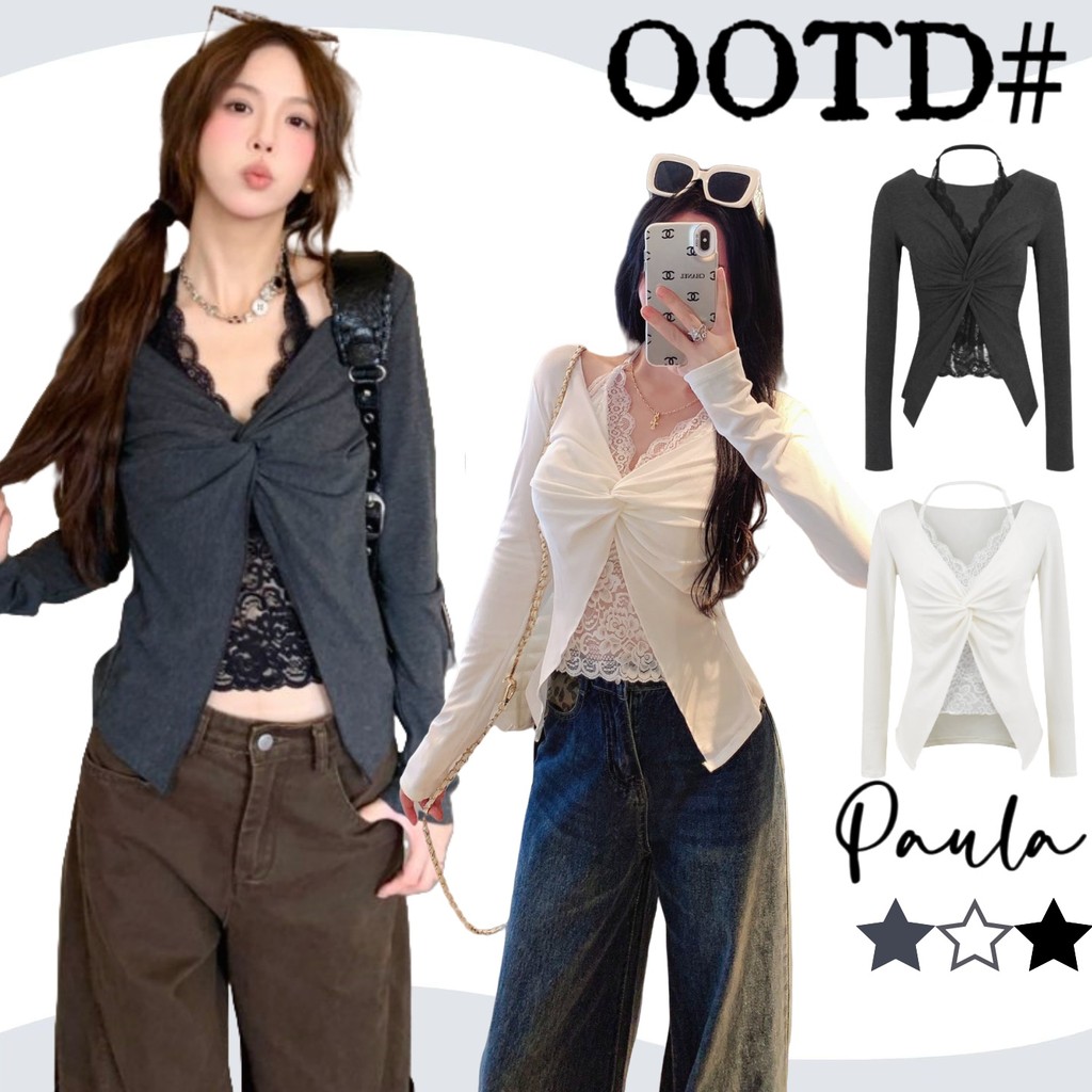 Paula พร้อมส่ง🌴เสื้อคล้องคอ🌴แขนยาว แต่งลูกไม้ เซ็กซี่แฟชั่นผู้หญิง เสื้อครอปทรงเข้ารูป ดีไซน์จับจีบคอวี เสื้อครอป