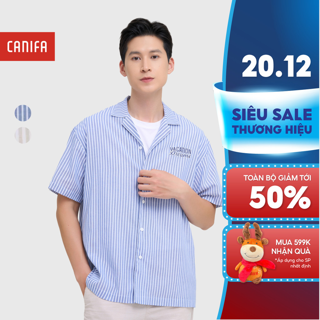 CANIFA เสื้อเชิ้ตแขนสั้นผู้ชายคอปกลายทาง 8TH25S007