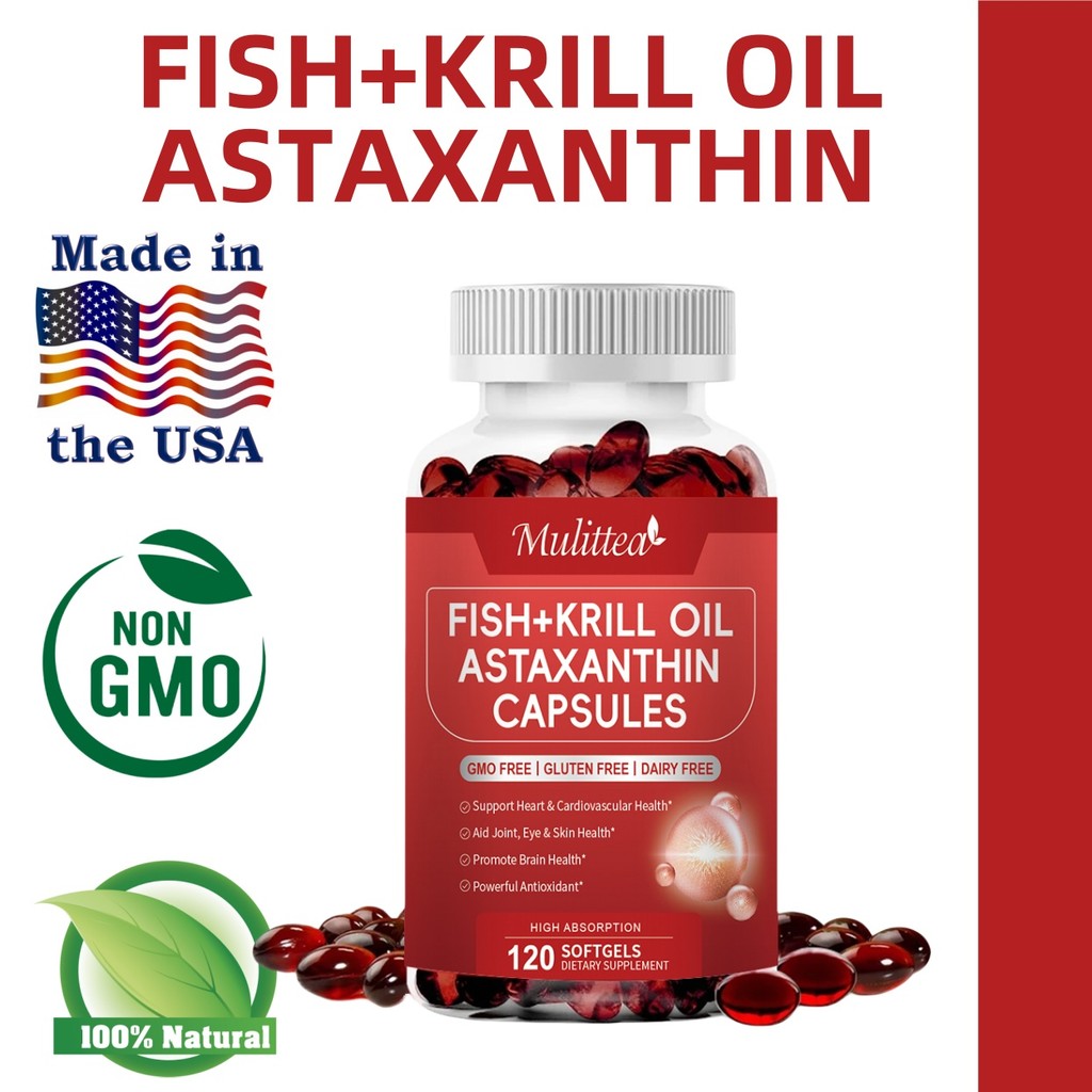 Mulittea Fish Oil+krill Oil Astaxanthin Capsulesช่วยส่งเสริมพัฒนาการสมอง บำรุงสายตา และทำให้ผมเงางาม