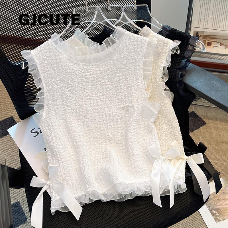 GJCUTE 2025 ฤดูร้อนแขนกุดรอบคอลูกไม้ Bowknot Slim เสื้อกั๊กผู้หญิง All-match สีทึบ Tops WTD