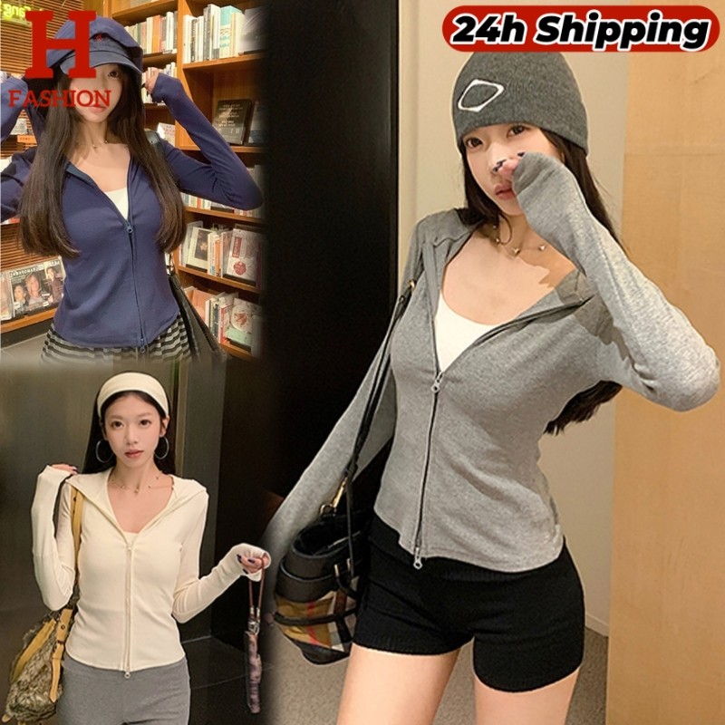 HOT 'พร้อมส่ง' เสื้อคลุมแขนยาว มีฮูดดี้ ซิปด้านหน้า สีพื้น4สี FY7847