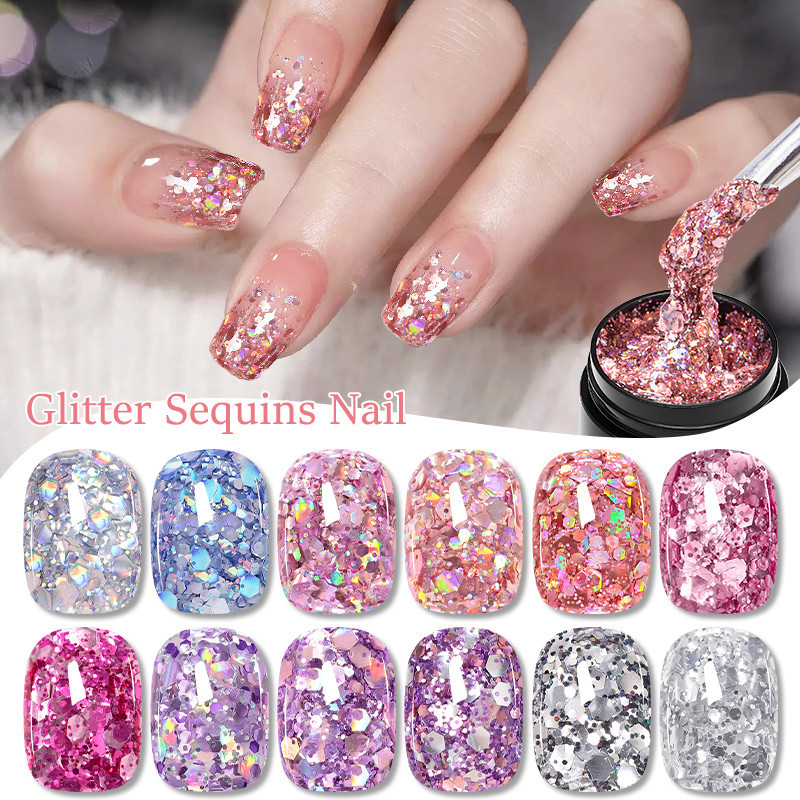 MEET ACROSS 12 ยาทาเล็บเจล กลิตเตอร์ เลื่อม กึ่งถาวร หลากสี 8ml long-lasting soak-off uv gel