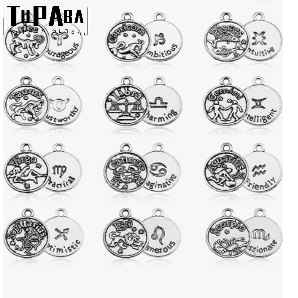 TUPBA Zodiac Sign Charms, 60 Count 5 ชุดโลหะผสมรอบ Zodiac Sign Charms, Zodiac Charm ชุดโบราณทิเบตเงิ