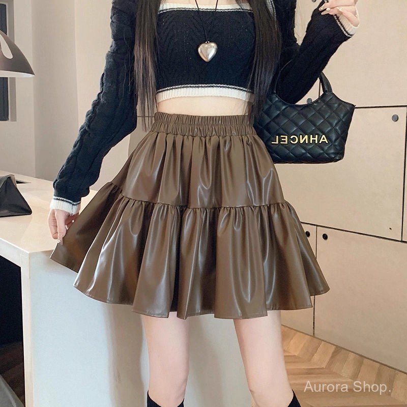 กระโปรงหนังพอง กระโปรงครึ่ง PU ขอบเอวสูง กระชับสัดส่วน รูปที่ 8