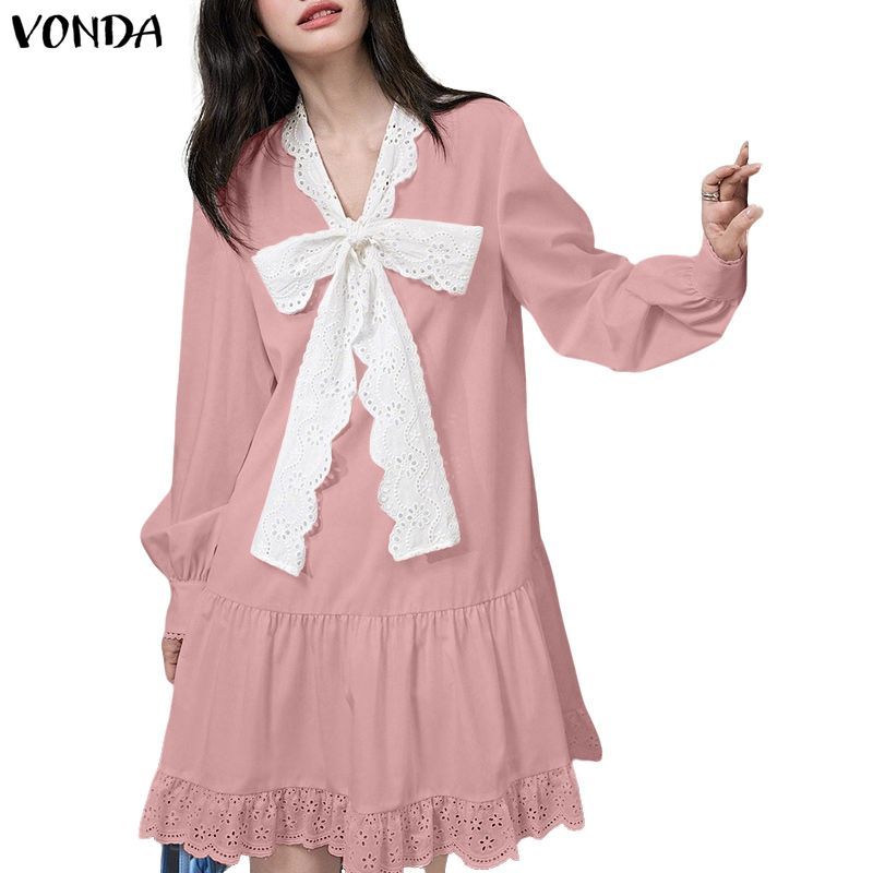VONDA ชุดเดรสสไตล์เกาหลีอ่อนโยน ดีไซน์มีโบว์และระบายที่แขน สไตล์ A-line