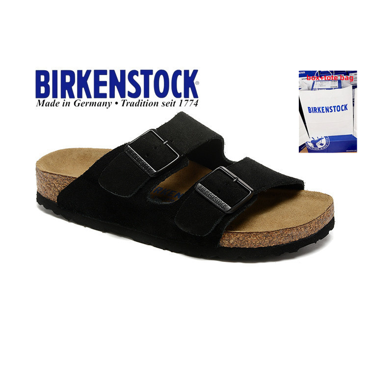 Box toebag Birken รองเท้าแตะหนังนิ่มสีดําสายคู่ตัวอักษรสีน้ําเงิน rvy2 XRKI N8E9