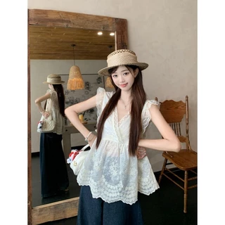 LINNA~Xเวอร์ชันเกาหลี คอวี ลูกไม้ แขนกุด เสื้อเชิ้ต รุ่นใหม่ สไตล์แฟชั่น