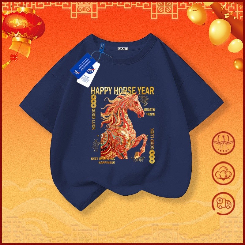 เสื้อยืดผ้าฝ้ายสีแดงระบายอากาศดี  ปีม้า สำหรับเด็กชายเด็กหญิงอายุ 1-13 ปี แขนสั้นปีใหม่ - รูปที่ 3