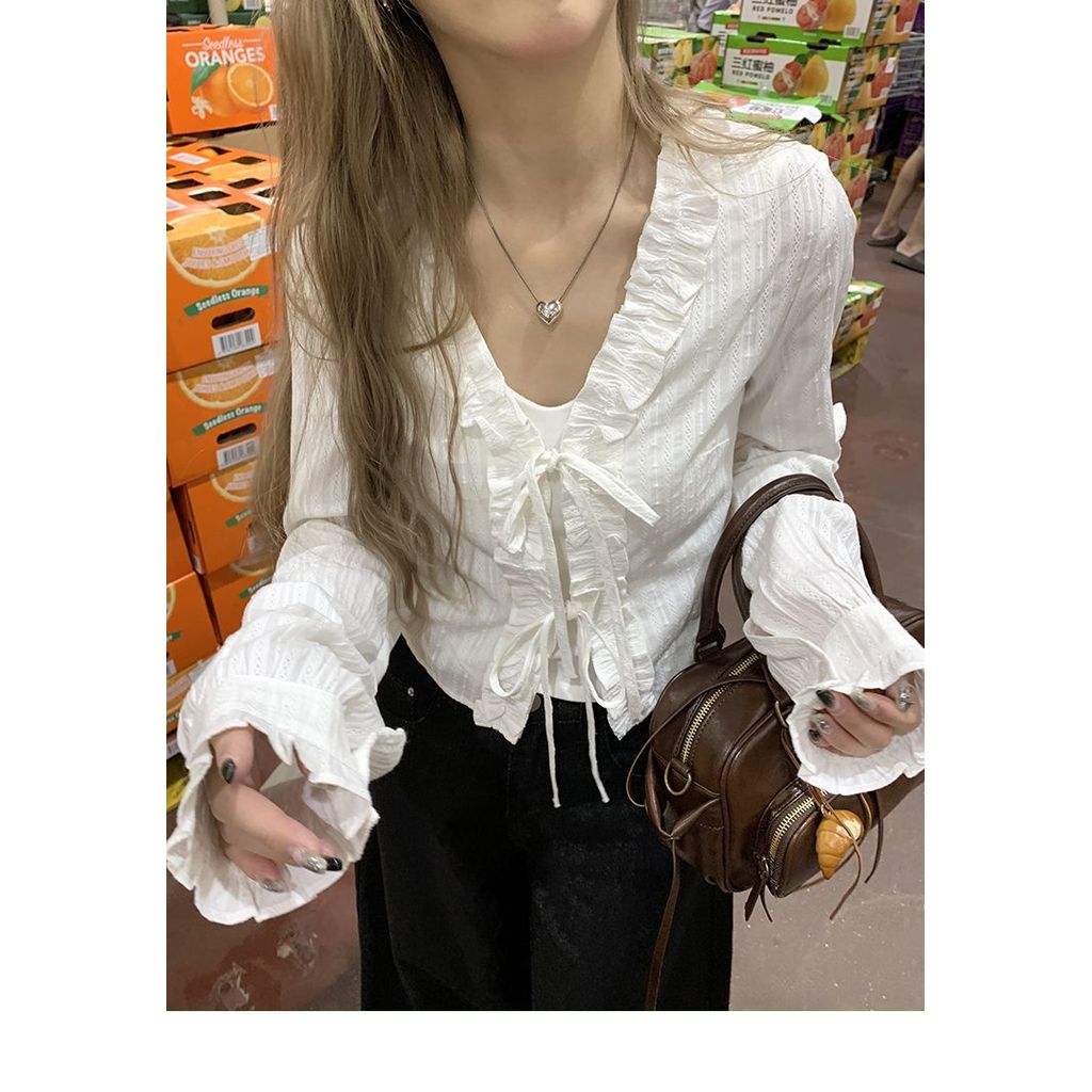 เสื้อแขนยาวสไตล์ฝรั่งเศสสำหรับผู้หญิง หวาน คอวี สบายๆ ในฤดูใบไม้ร่วงและฤดูหนาว - รูปที่ 5