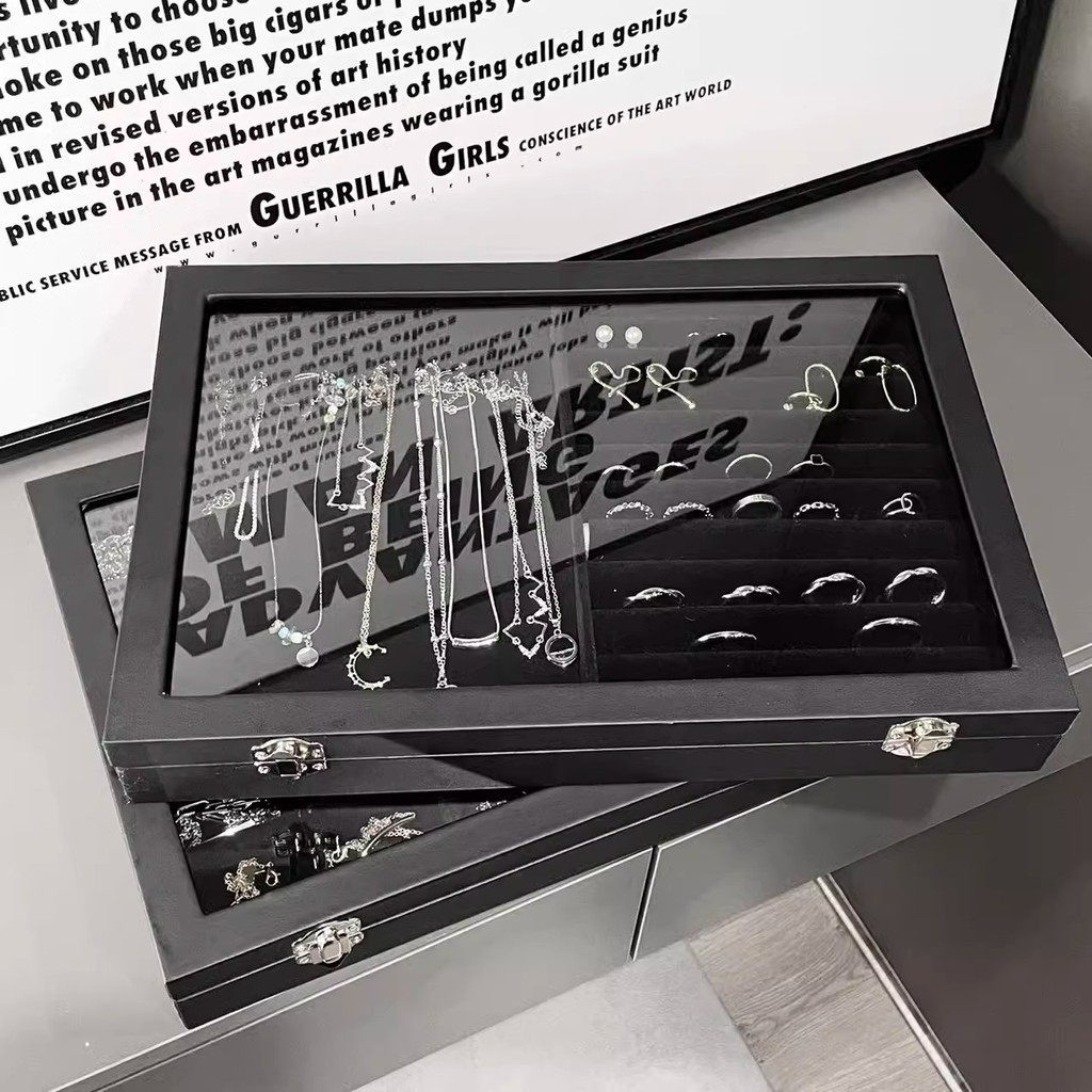 กํามะหยี่สีดํากล่องเครื่องประดับที่มีฝาปิดลายสก๊อตสร้อยคอแหวนกล่องเก็บความรู้สึกระดับไฮเอนด์ป้องกันฝ