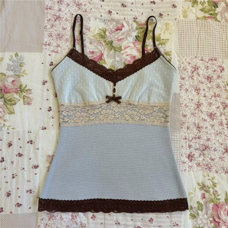ม-tank top สไตล์เรโทรแฟริคอร์ วินเทจ V-neck และการปะติดแบบแพทช์เวิร์กสำหรับฤดูร้อน