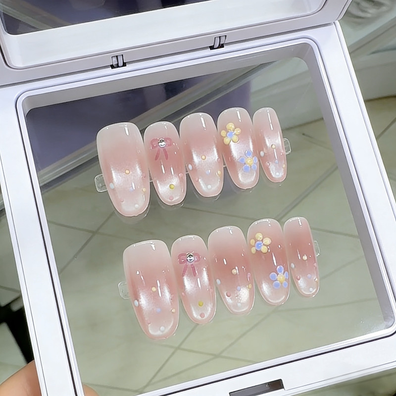 ทําด้วยมือ เล็บปลอมส่องไฟ ลายจุดดอกไม้โบว์ สีสัน ถอดเปลี่ยนได้ พร้อมกาวฟรี