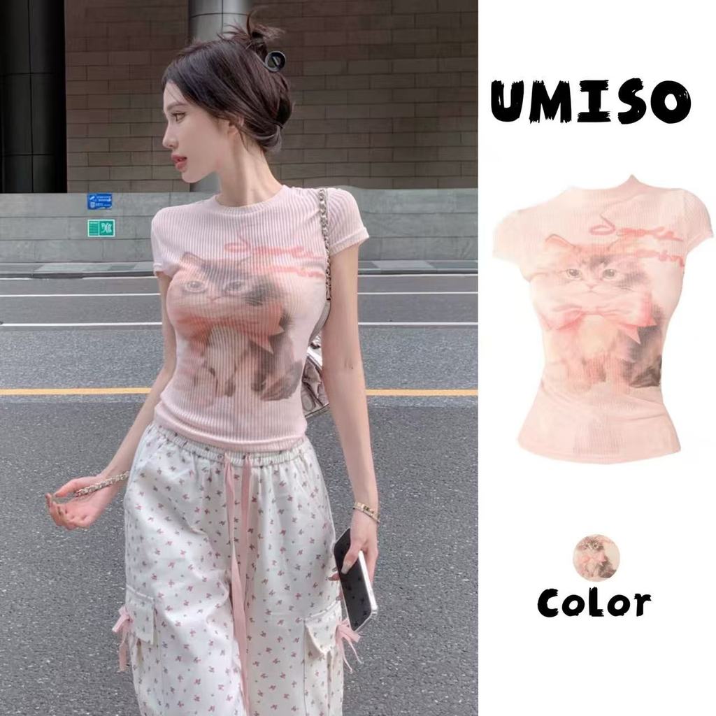 UMISO ส่งไวจากไทย เสื้อยืดสีชมพู ลายแมวน่ารัก แขนสั้น ผ้านิ่มใส่สบาย สไตล์สาวหวานเกาหลี ใส่ได้ทุกวัน