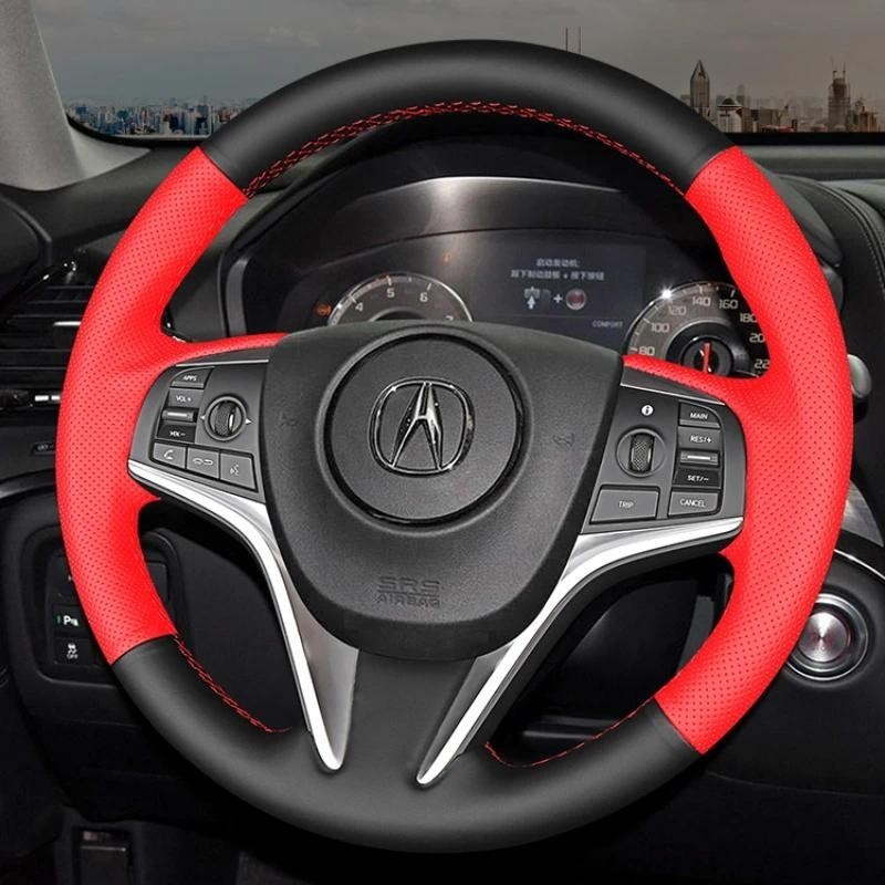 มือเย็บสีดําสีแดงหนังแท้ลื่นพวงมาลัยรถสําหรับ Acura MDX CDX RDX TLX อุปกรณ์ตกแต่งภายใน