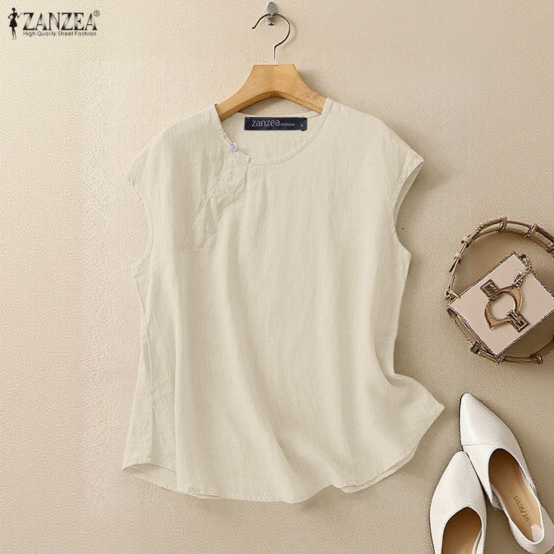 ZANZEA เสื้อเบลาส์เรียบง่ายสไตล์เกาหลีของผู้หญิงทุกวันลําลอง O คอแขนกุดสีทึบ — صورة 4