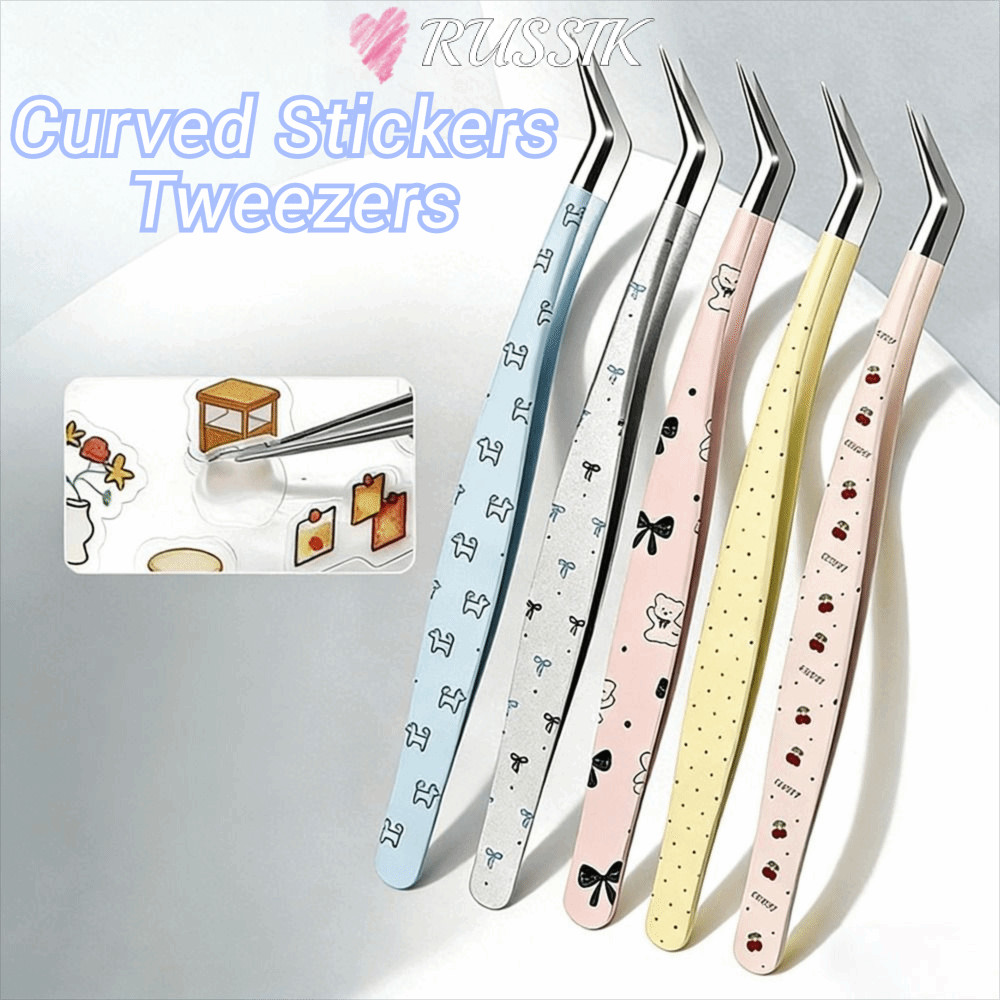RUSSIK โค้งสติกเกอร์แหนบ,สแตนเลสความแม่นยําสูงแหนบขนตาปลอม, Anti-static การ์ตูน Lashes Extension Tweezer Extensions Grafting