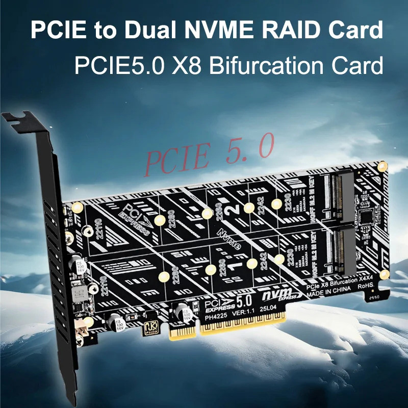 Double NVMe to PCIE 5.0 X8 Bifurcation Card SSD อะแดปเตอร์ RAID Card สําหรับ 2230 2242 2260 2280 M.2