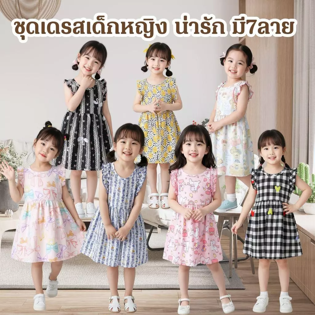 MooDeng Baby ชุดเดรสแขนกุด ระบายไหล่ สำหรับเด็กผู้หญิง เสื้อผ้าเด็กผู้หญิง สุดน่ารัก ผ้าบางใส่สะบาย สไตล์หวานๆ