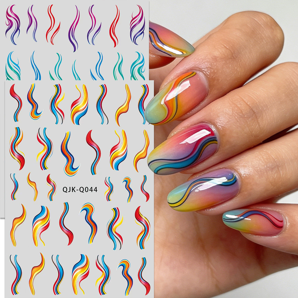 HAMA Ins สไตล์ Minimalist Wavy Line สติกเกอร์เล็บ 3D ฟอยล์ทองบทคัดย่อ Swirl Decals DIY อินเทรนด์ Elegant ตกแต่งเล็บเครื่องมือ