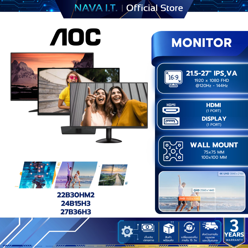 AOC MONITOR (จอมอนิเตอร์) 21.5-27" 22B30HM2/24B15H3/27B36H3 1920x1080,@120Hz
