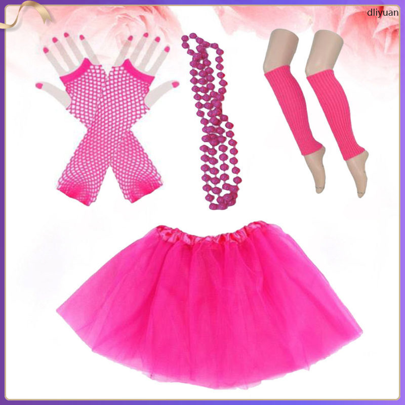 80 Fishnets ถุงมือสาว 80s Party Dress อุปกรณ์เสริมสร้อยคอลูกปัดนีออน 4 ชิ้น Rosy dliyuan