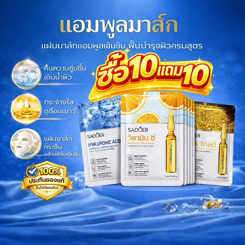 🔥โปรโมชั่นพิเศษชั่วคราว: ซื้อ 10 แถมฟรี 10🔥 มาส์กแผ่นแอมพูล SADOER มาส์กบำรุงผิวหน้าเข้มข้น