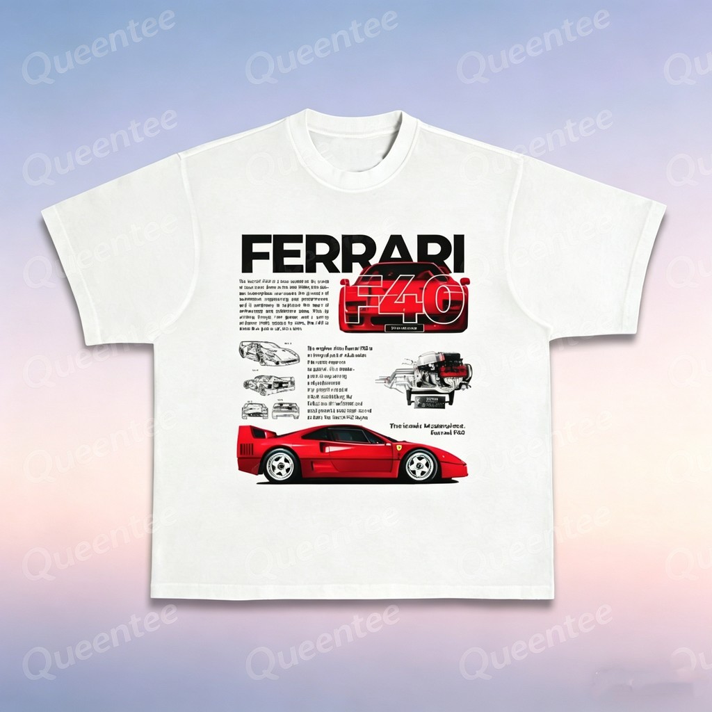 เสื้อยืดสีขาวพิมพ์ลายรถสปอร์ตคลาสสิก Ferrari F40 เสื้อยืดรถยนต์สุดเท่ สำหรับคนรักรถโดยเฉพาะ มีไซส์ S