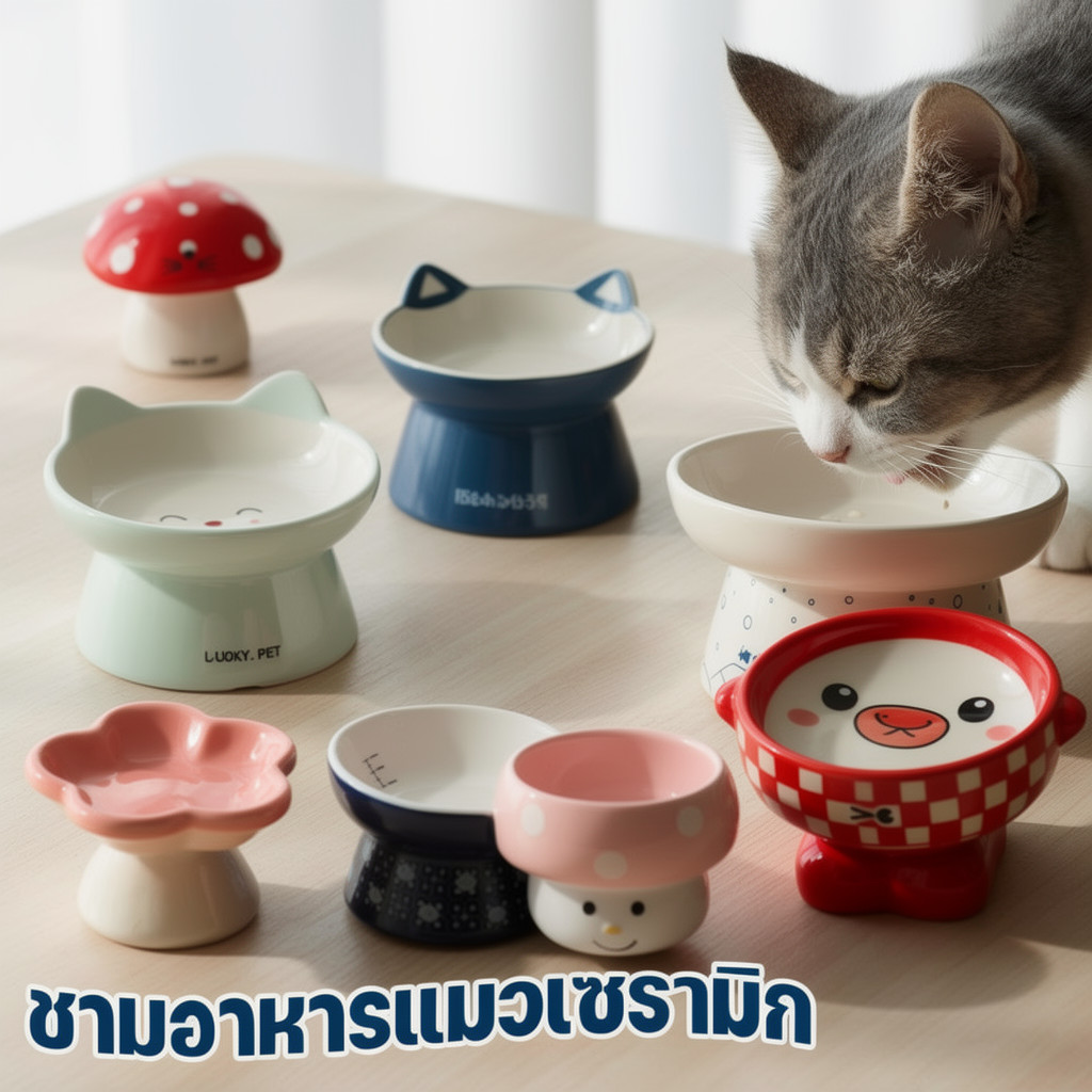ชามอาหารแมว เซรามิก ยกสูง เอียงกันอ้วก ลดภาระคอ ชามแมวญี่ปุ่น ชามน้ำสัตว์เลี้ยง ฐานมั่นคง