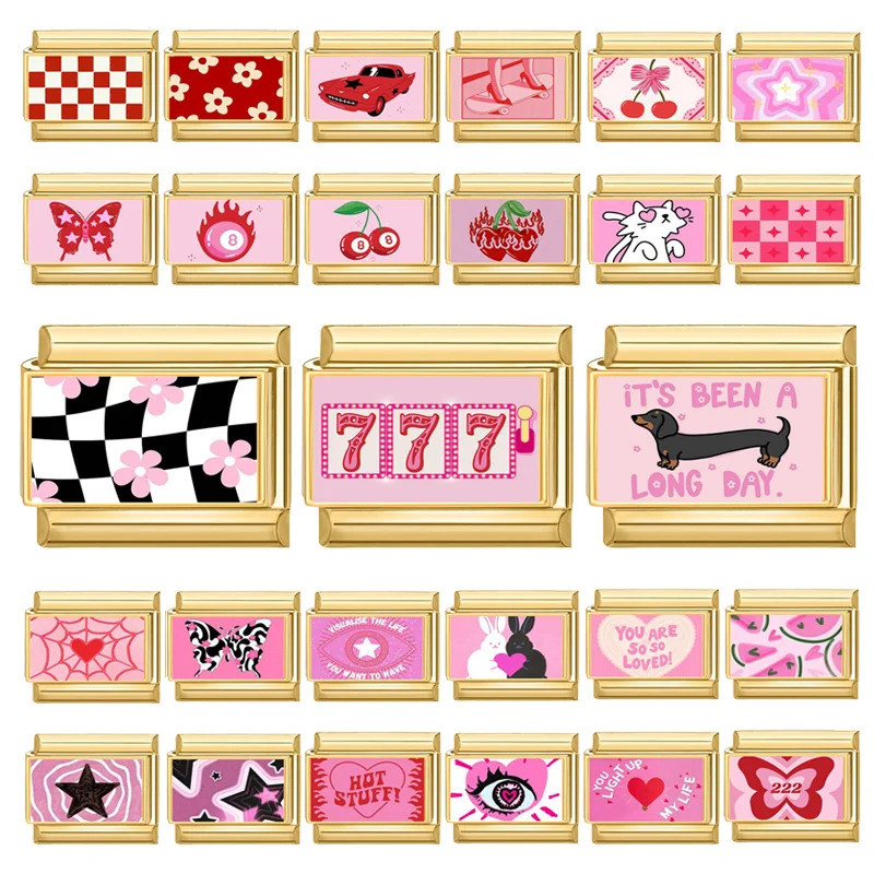Y2K 777 ดอกไม้ Dachshund สุนัขทองอิตาเลี่ยน Charm Link Fit 9 มม.เครื่องประดับสแตนเลส DIY ทําสร้อยข้อ