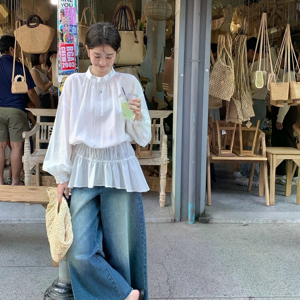shayne-เสื้อผู้หญิง แขนยาว ยืนคอ รุ่นบาง ประเภทรุ่น Slim Fit ความสง่างาม สุภาพสตรี แฟชั่นสบาย ๆ